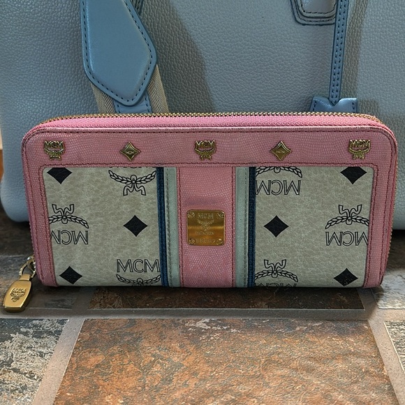 MCM Handbags - MCM Visetos Pink/Tan Zippy Wallet